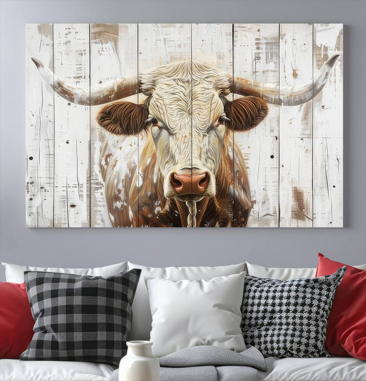 Asbtract Longhorn Bull Canvas Wall Art Print - Rustic Farmhouse Decor Featuring White Wood Background, Western Wall Art for Living Room, Ready to Hang