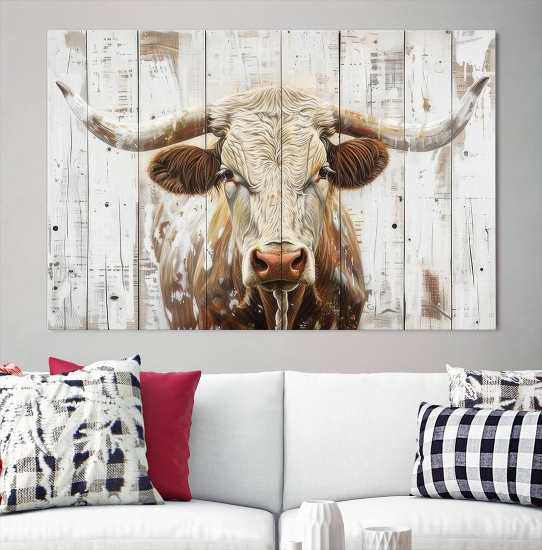 Asbtract Longhorn Bull Canvas Wall Art Print - Rustic Farmhouse Decor Featuring White Wood Background, Western Wall Art for Living Room, Ready to Hang