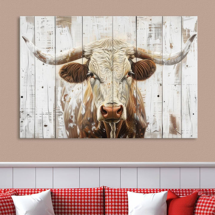 Asbtract Longhorn Bull Canvas Wall Art Print - Rustic Farmhouse Decor Featuring White Wood Background, Western Wall Art for Living Room, Ready to Hang