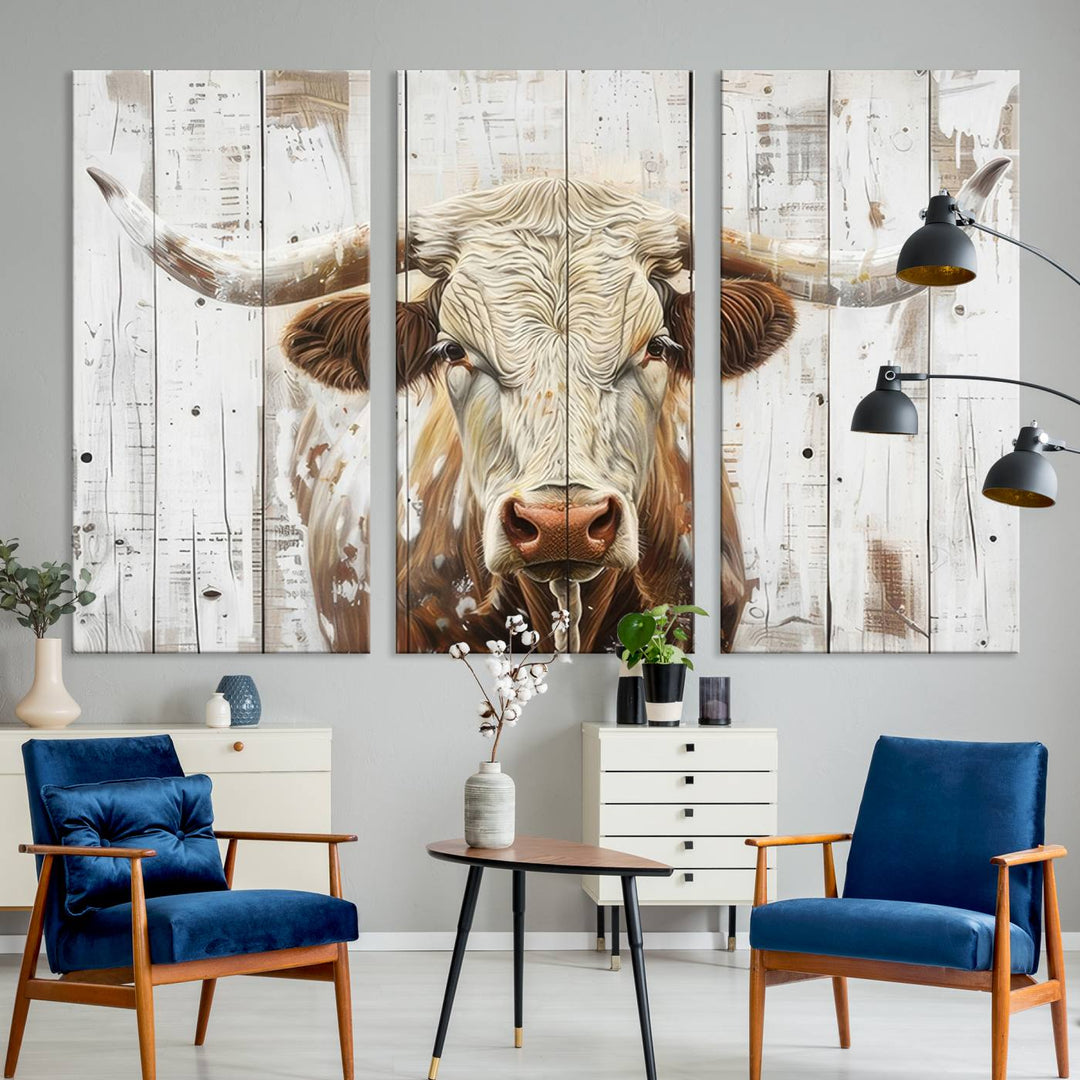 Asbtract Longhorn Bull Canvas Wall Art Print - Rustic Farmhouse Decor Featuring White Wood Background, Western Wall Art for Living Room, Ready to Hang