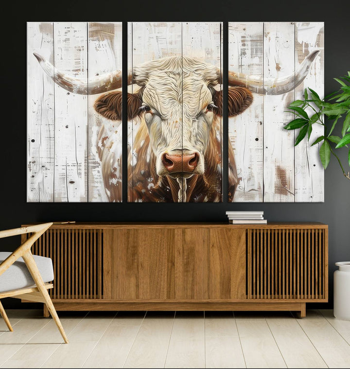 Asbtract Longhorn Bull Canvas Wall Art Print - Rustic Farmhouse Decor Featuring White Wood Background, Western Wall Art for Living Room, Ready to Hang