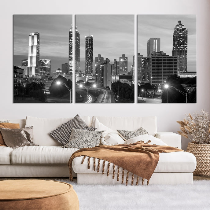 Atlanta City Cloudy Skyline Black and White Cityscape Canvas Print