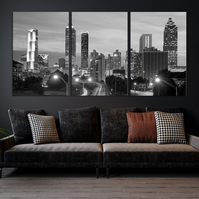 Atlanta City Cloudy Skyline Black and White Cityscape Canvas Print