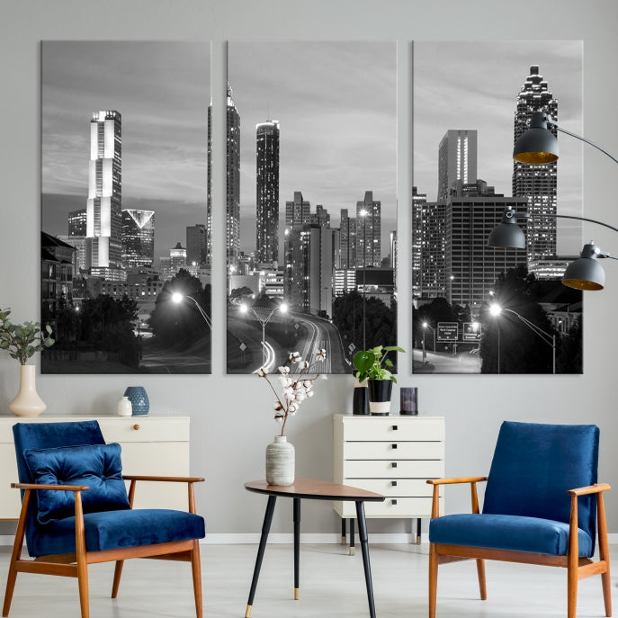 Atlanta City Cloudy Skyline Black and White Cityscape Canvas Print