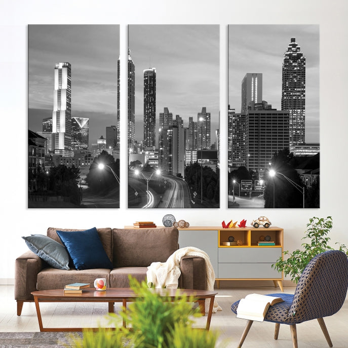 Atlanta City Cloudy Skyline Black and White Cityscape Canvas Print