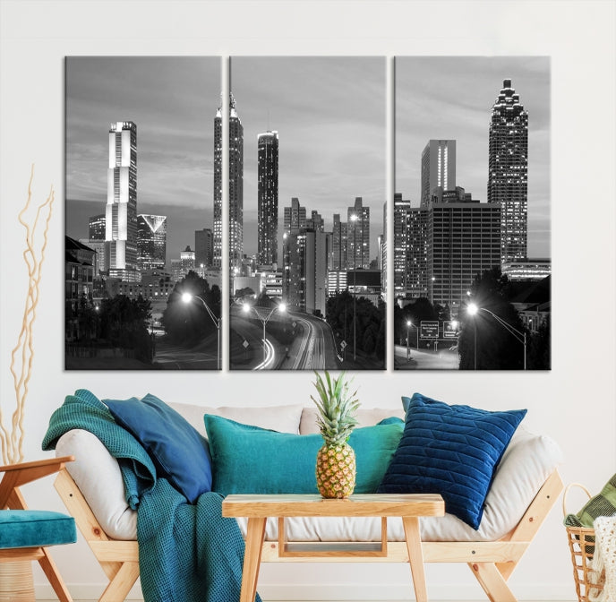 Atlanta City Cloudy Skyline Black and White Cityscape Canvas Print