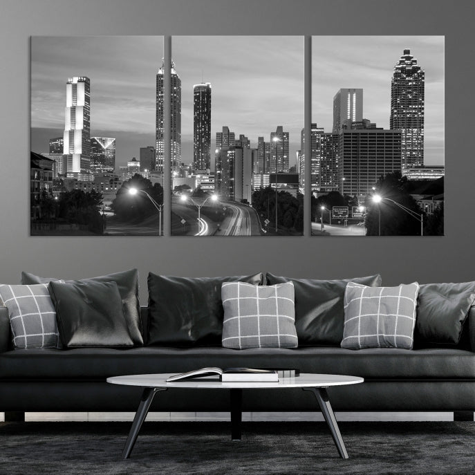 Atlanta City Cloudy Skyline Black and White Cityscape Canvas Print