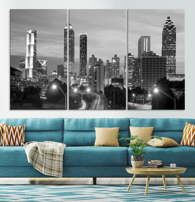 Atlanta City Cloudy Skyline Black and White Cityscape Canvas Print