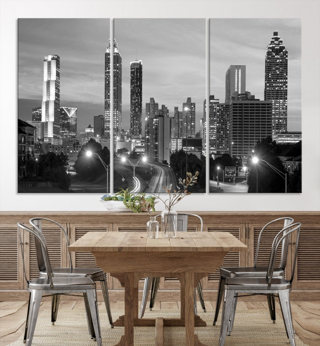 Atlanta City Cloudy Skyline Black and White Cityscape Canvas Print