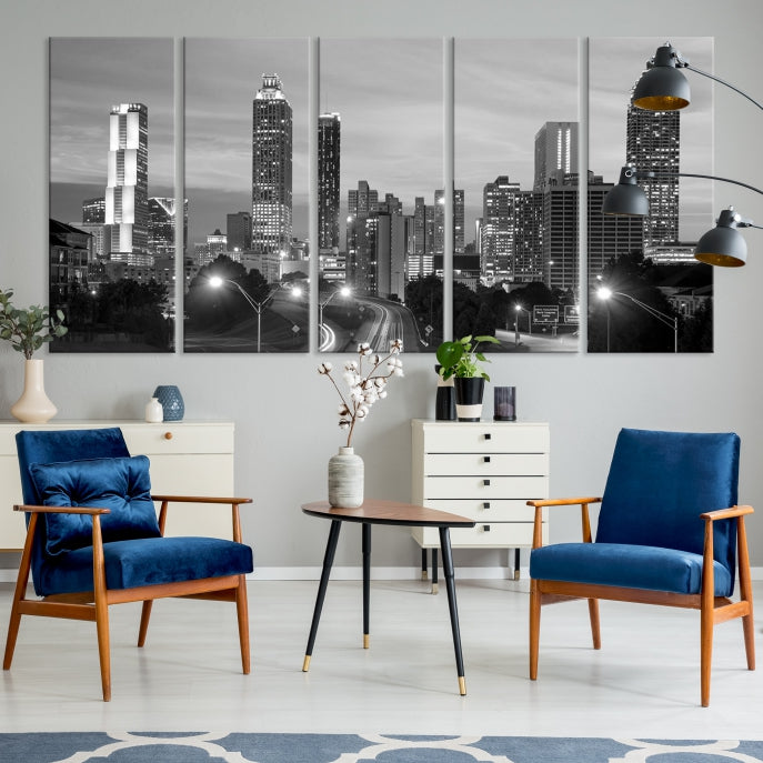 Atlanta City Cloudy Skyline Black and White Cityscape Canvas Print