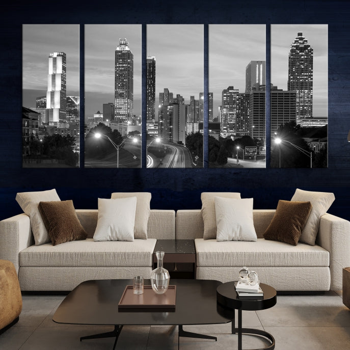 Atlanta City Cloudy Skyline Black and White Cityscape Canvas Print