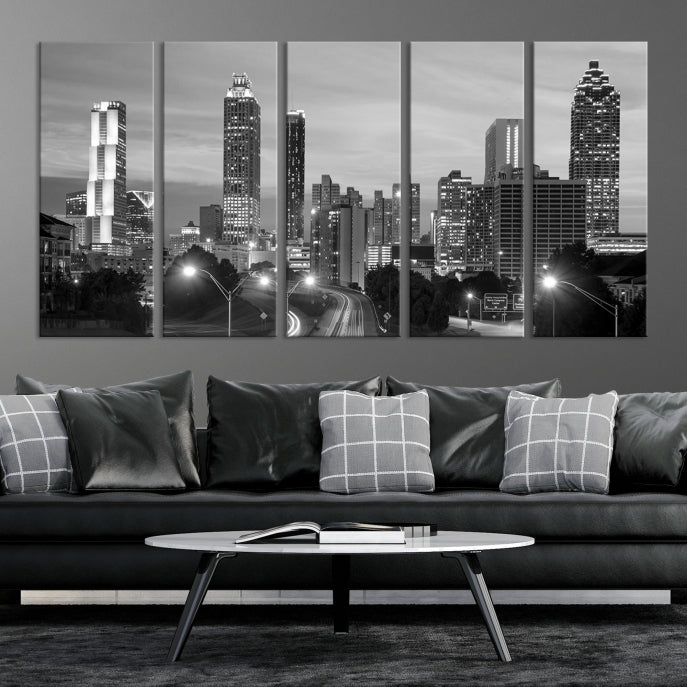 Atlanta City Cloudy Skyline Black and White Cityscape Canvas Print