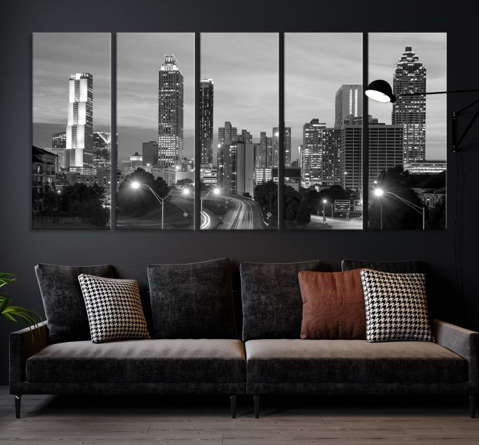 Atlanta City Cloudy Skyline Black and White Cityscape Canvas Print