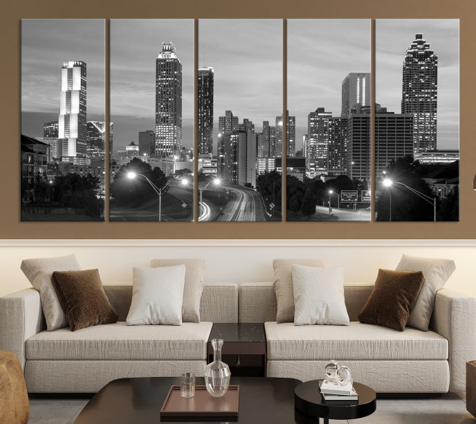 Atlanta City Cloudy Skyline Black and White Cityscape Canvas Print