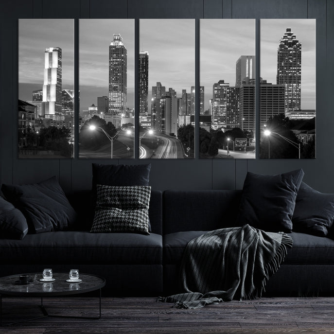 Atlanta City Cloudy Skyline Black and White Cityscape Canvas Print