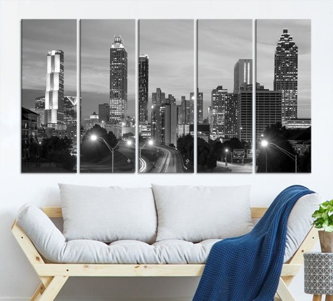 Atlanta City Cloudy Skyline Black and White Cityscape Canvas Print