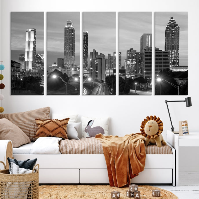 Atlanta City Cloudy Skyline Black and White Cityscape Canvas Print