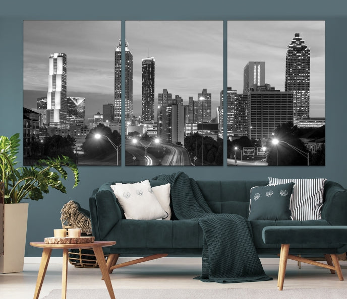 Atlanta City Cloudy Skyline Black and White Cityscape Canvas Print