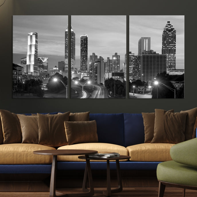 Atlanta City Cloudy Skyline Black and White Cityscape Canvas Print