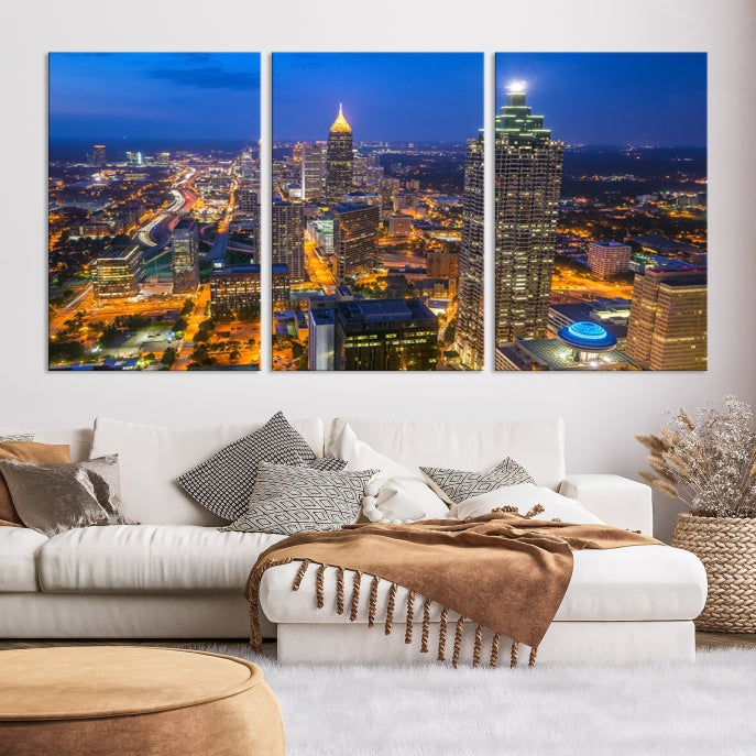 Atlanta City Lights Night Blue Skyline Wall Art Cityscape Canvas Print Framed