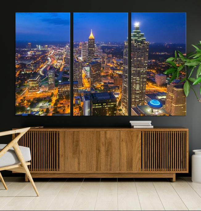 Atlanta City Lights Night Blue Skyline Wall Art Cityscape Canvas Print Framed