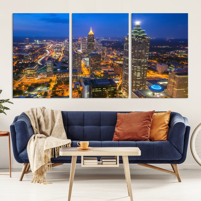 Atlanta City Lights Night Blue Skyline Wall Art Cityscape Canvas Print Framed