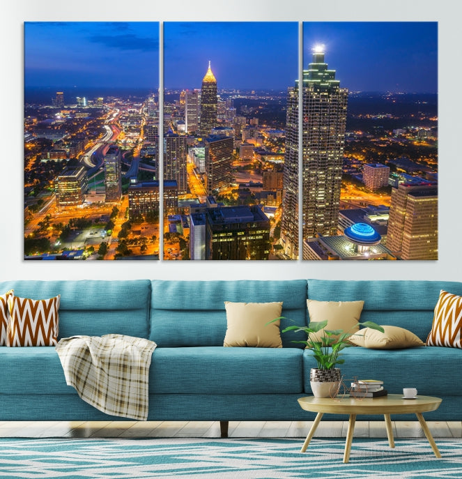 Atlanta City Lights Night Blue Skyline Wall Art Cityscape Canvas Print Framed