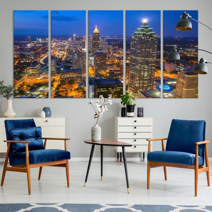 Atlanta City Lights Night Blue Skyline Wall Art Cityscape Canvas Print Framed