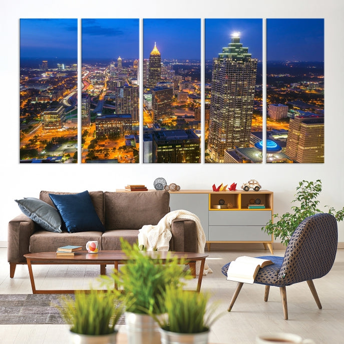 Atlanta City Lights Night Blue Skyline Wall Art Cityscape Canvas Print Framed