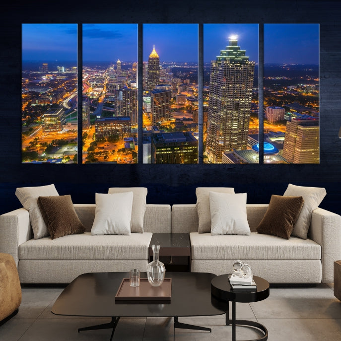 Atlanta City Lights Night Blue Skyline Wall Art Cityscape Canvas Print Framed