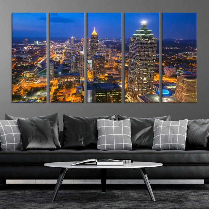 Atlanta City Lights Night Blue Skyline Wall Art Cityscape Canvas Print Framed