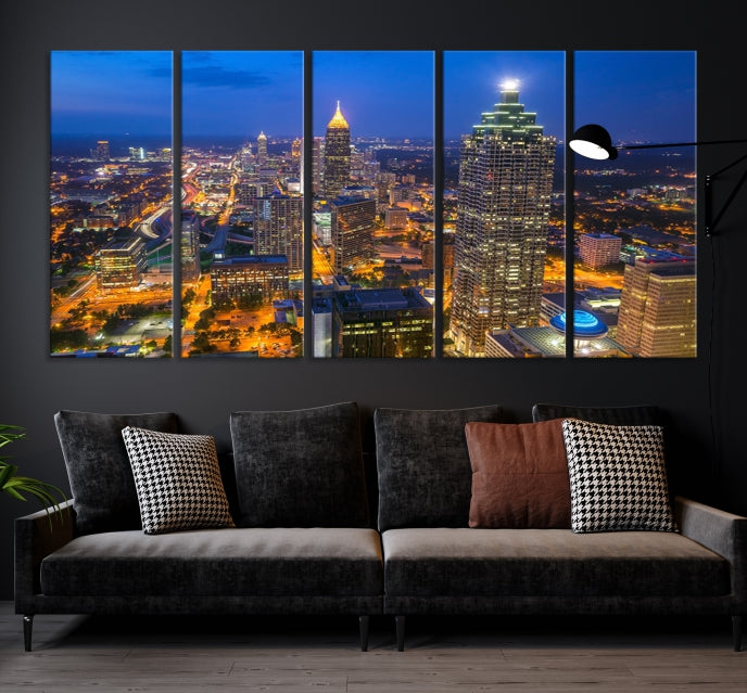 Atlanta City Lights Night Blue Skyline Wall Art Cityscape Canvas Print Framed