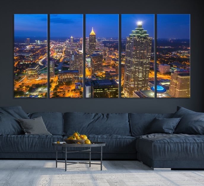 Atlanta City Lights Night Blue Skyline Wall Art Cityscape Canvas Print Framed