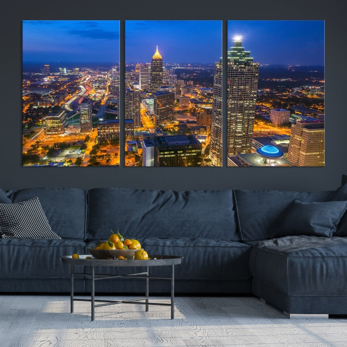 Atlanta City Lights Night Blue Skyline Wall Art Cityscape Canvas Print Framed