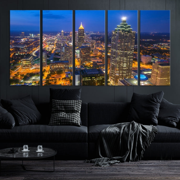 Atlanta City Lights Night Blue Skyline Wall Art Cityscape Canvas Print Framed