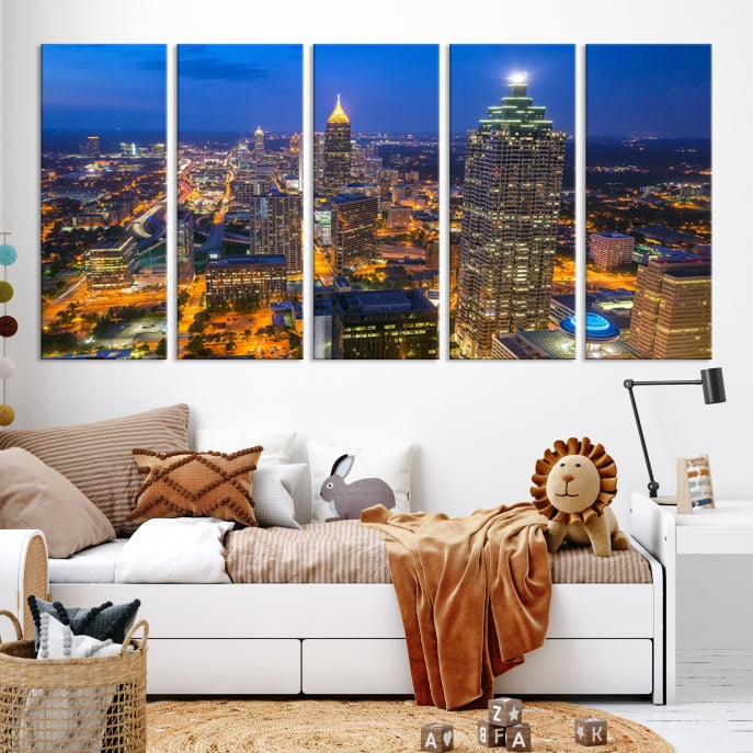 Atlanta City Lights Night Blue Skyline Wall Art Cityscape Canvas Print Framed