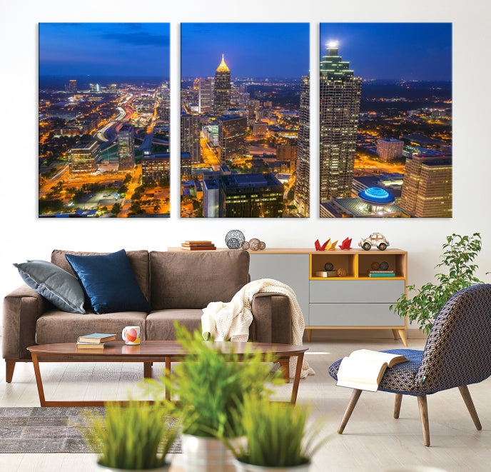 Atlanta City Lights Night Blue Skyline Wall Art Cityscape Canvas Print Framed