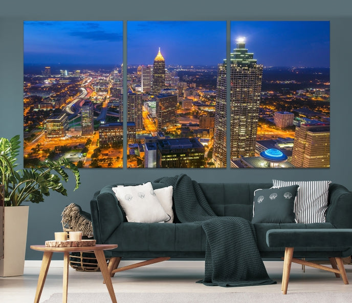 Atlanta City Lights Night Blue Skyline Wall Art Cityscape Canvas Print Framed