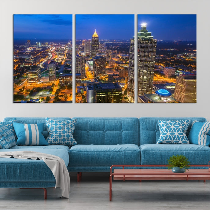 Atlanta City Lights Night Blue Skyline Wall Art Cityscape Canvas Print Framed