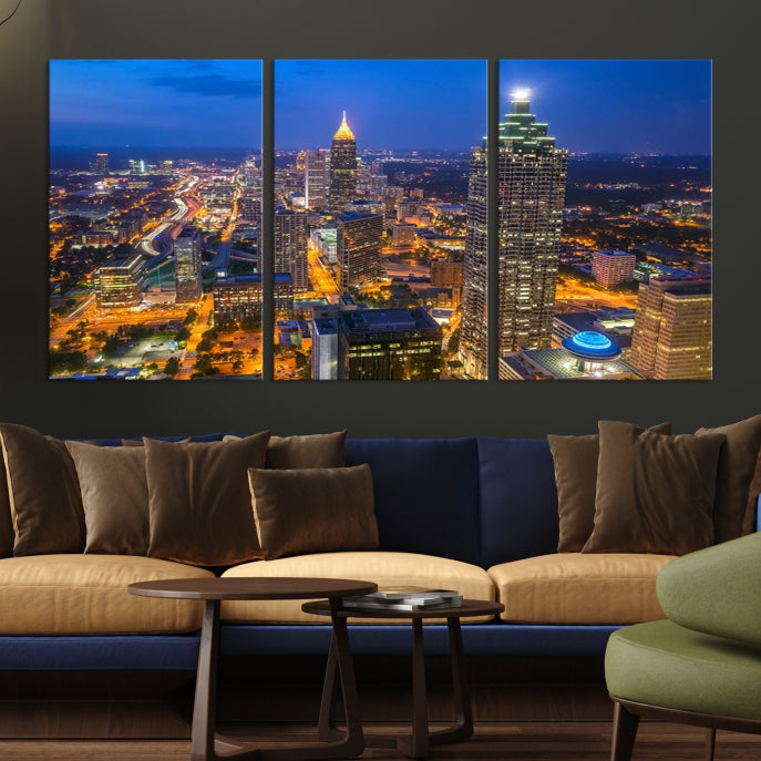 Atlanta City Lights Night Blue Skyline Wall Art Cityscape Canvas Print Framed