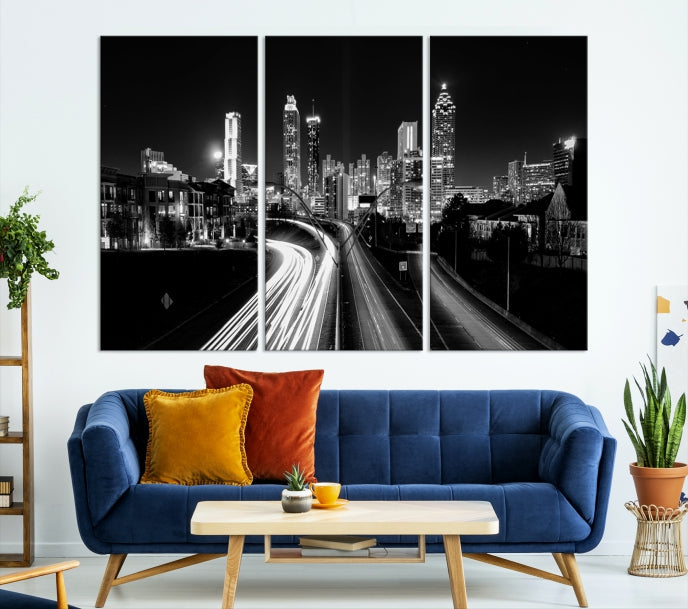 Atlanta Nght Skyline Traffic Lights View Cityscape Wall Art Large Canvas Print