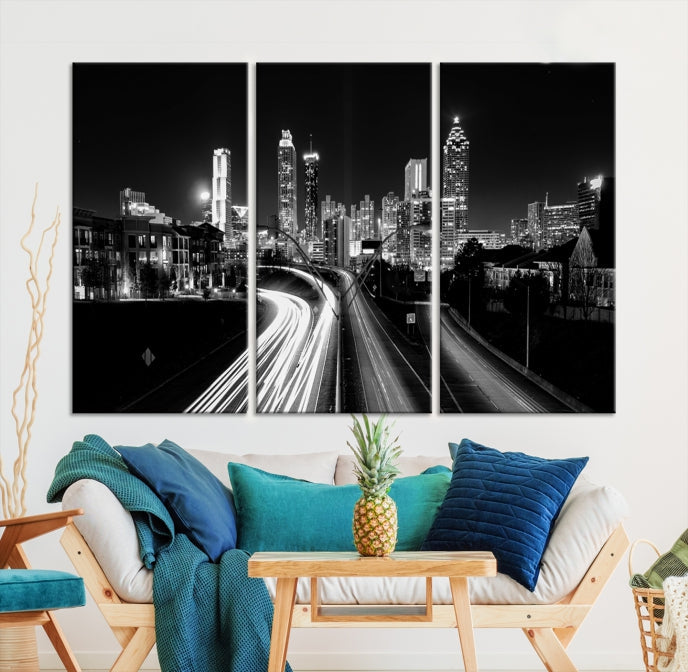 Atlanta Nght Skyline Traffic Lights View Cityscape Wall Art Large Canvas Print