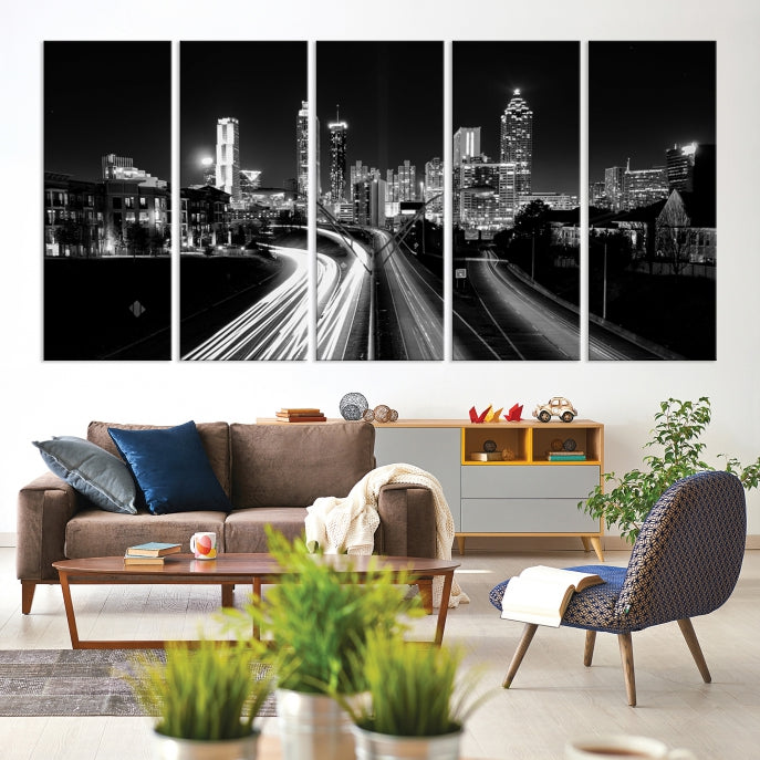 Atlanta Nght Skyline Traffic Lights View Cityscape Wall Art Large Canvas Print