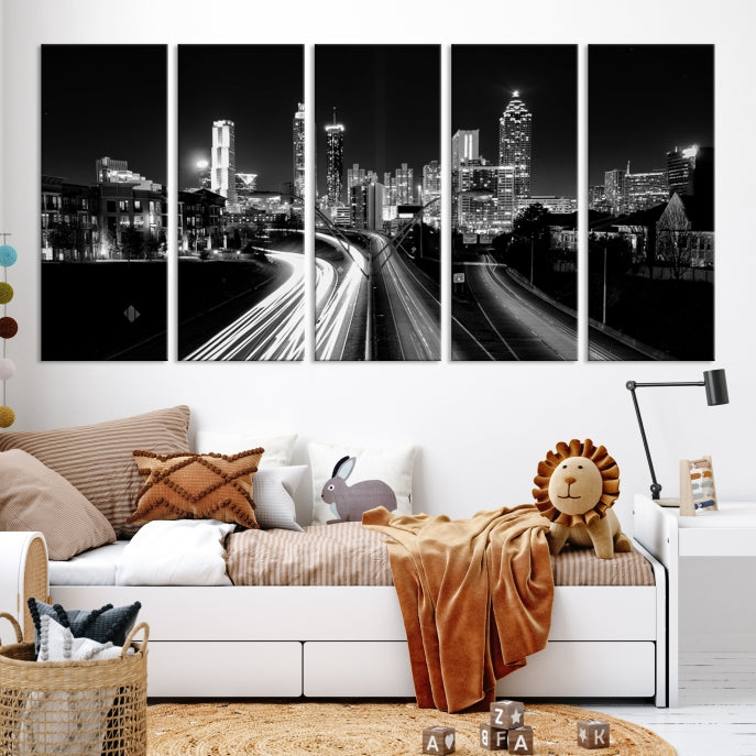 Atlanta Nght Skyline Traffic Lights View Cityscape Wall Art Large Canvas Print