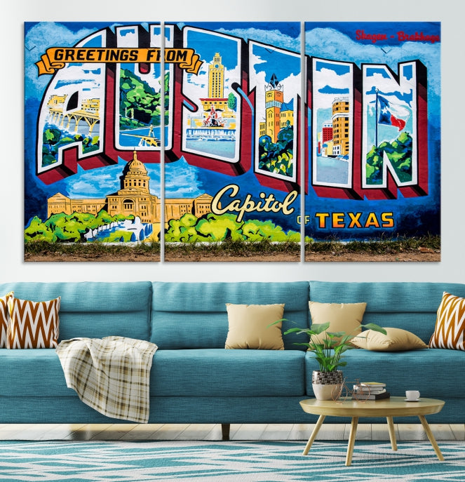 Austin City Sign Greetings from Austin Large Wall Art Canvas Print