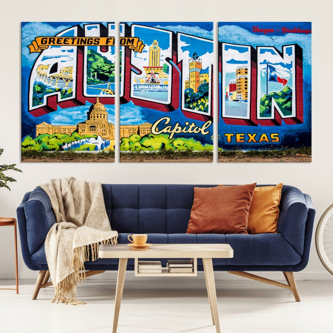 Austin City Sign Greetings from Austin Large Wall Art Canvas Print