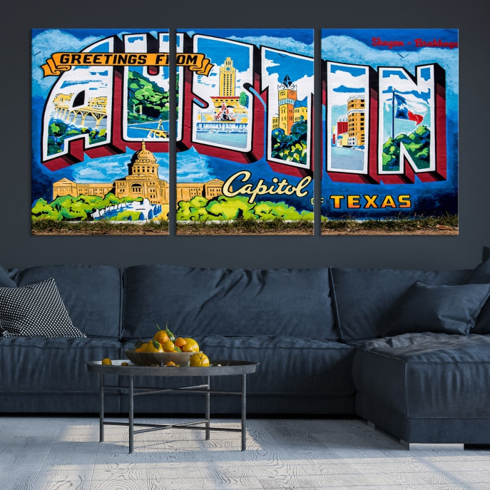 Austin City Sign Greetings from Austin Large Wall Art Canvas Print