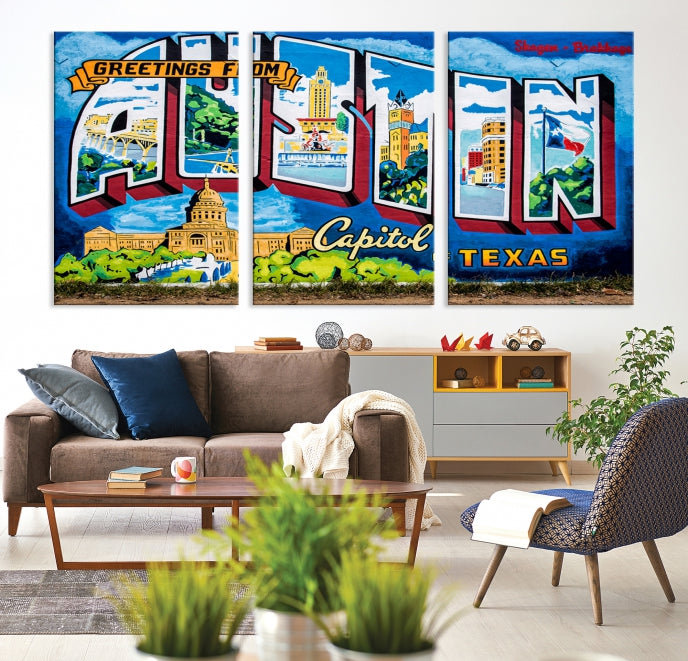 Austin City Sign Greetings from Austin Large Wall Art Canvas Print