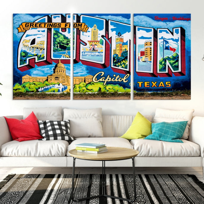 Austin City Sign Greetings from Austin Large Wall Art Canvas Print