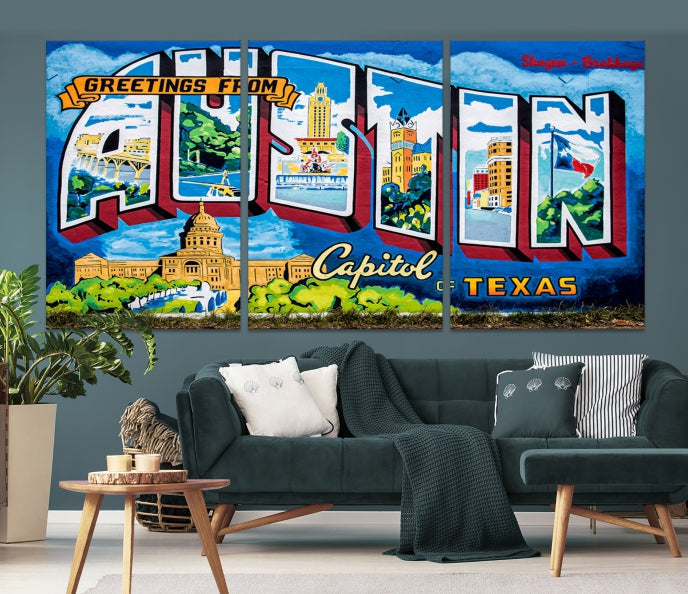 Austin City Sign Greetings from Austin Large Wall Art Canvas Print